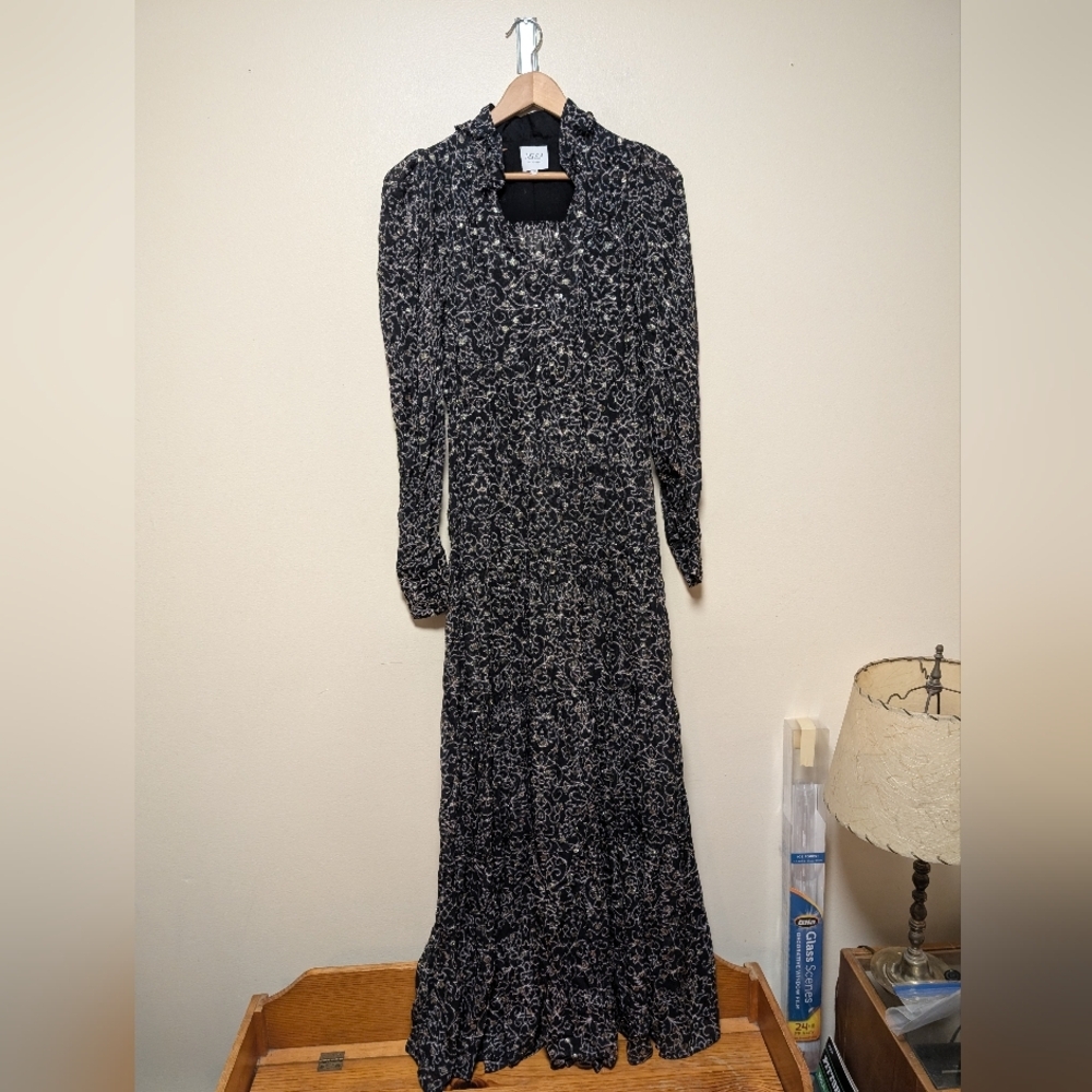 MISA Los Angeles Sheer Metallic Maxi Dress Black Gold Size XS